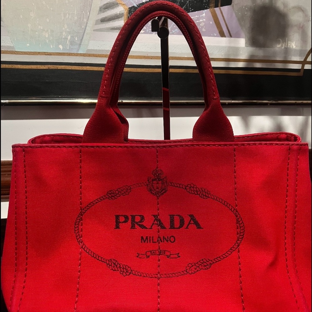 Prada Red Canvas Tote with Black Logo Print